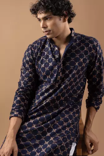 Blue color rayon fabric designer embroidered ethnic kurta payjama for men's traditional looks