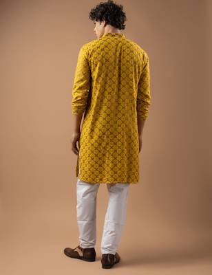Yellow color rayon fabric designer embroidered ethnic kurta payjama for men's traditional looks 2