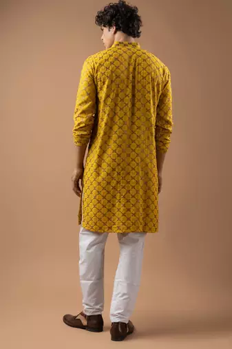 Yellow color rayon fabric designer embroidered ethnic kurta payjama for men's traditional looks