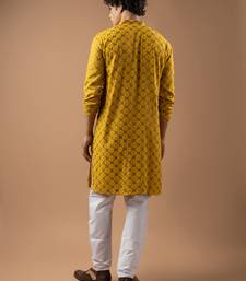 Yellow color rayon fabric designer embroidered ethnic kurta payjama for men's traditional looks