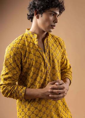 Yellow color rayon fabric designer embroidered ethnic kurta payjama for men's traditional looks 3