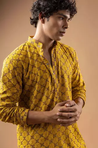 Yellow color rayon fabric designer embroidered ethnic kurta payjama for men's traditional looks