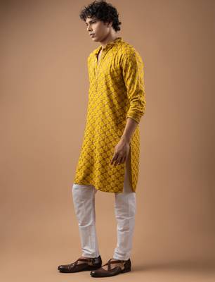 Yellow color rayon fabric designer embroidered ethnic kurta payjama for men's traditional looks 4