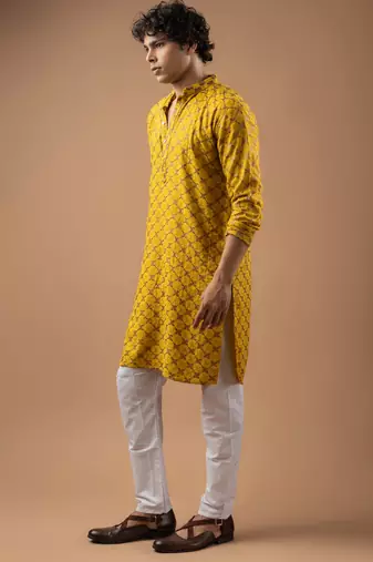 Yellow color rayon fabric designer embroidered ethnic kurta payjama for men's traditional looks
