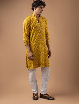 Yellow color rayon fabric designer embroidered ethnic kurta payjama for men's traditional looks 1