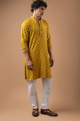 Yellow color rayon fabric designer embroidered ethnic kurta payjama for men's traditional looks