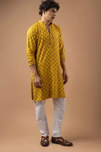 Yellow color rayon fabric designer embroidered ethnic kurta payjama for men's traditional looks
