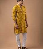 Yellow color rayon fabric designer embroidered ethnic kurta payjama for men's traditional looks