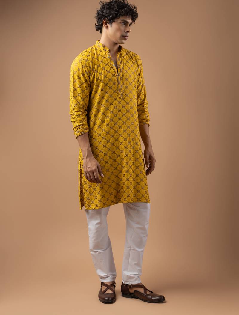 Yellow color rayon fabric designer embroidered ethnic kurta payjama for men's traditional looks