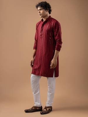 Maroon color rayon fabric designer embroidered ethnic kurta payjama for men's traditional looks 1