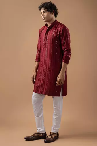 Maroon color rayon fabric designer embroidered ethnic kurta payjama for men's traditional looks