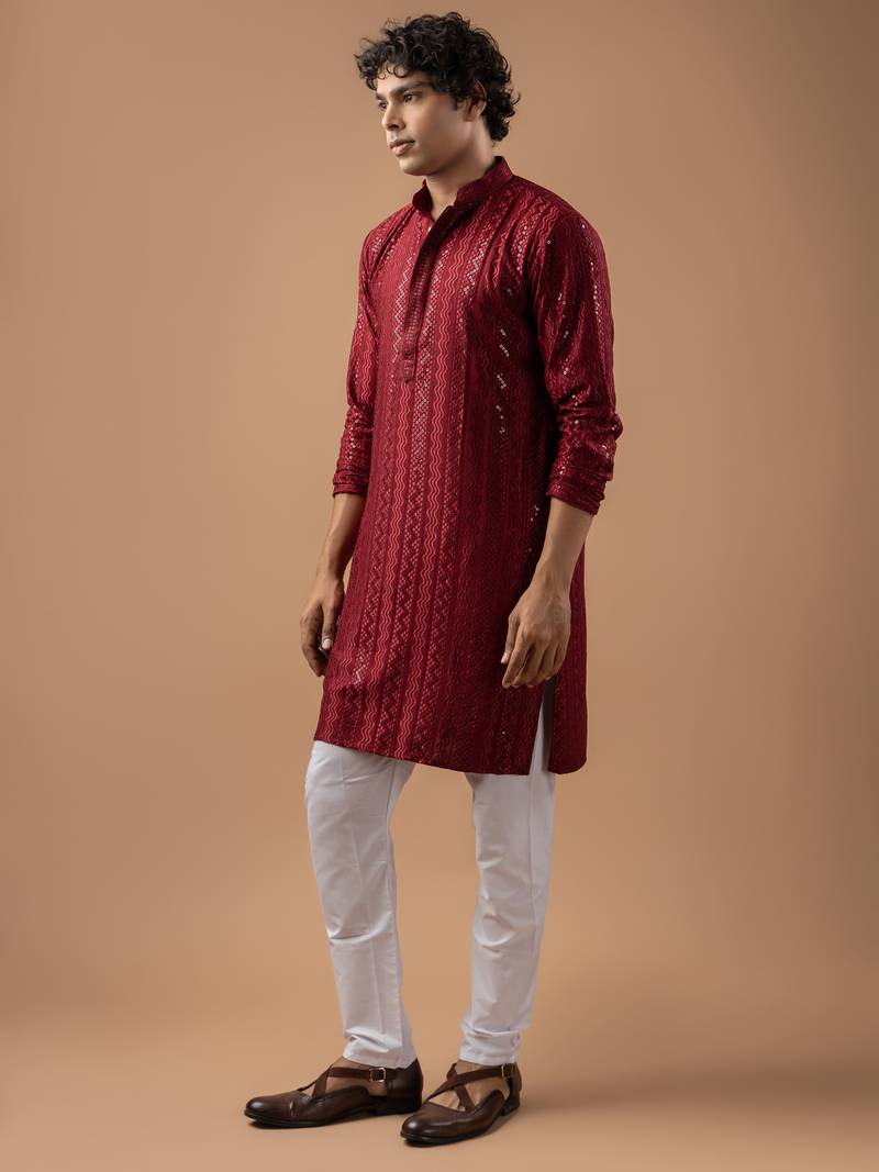 Maroon color rayon fabric designer embroidered ethnic kurta payjama for men's traditional looks