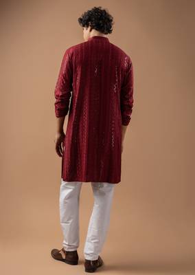Maroon color rayon fabric designer embroidered ethnic kurta payjama for men's traditional looks 2