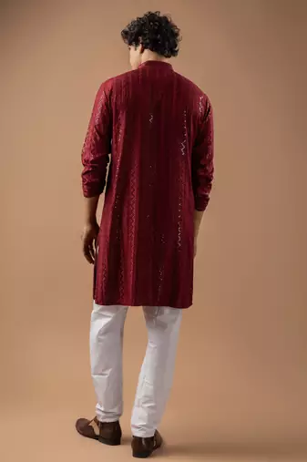Maroon color rayon fabric designer embroidered ethnic kurta payjama for men's traditional looks