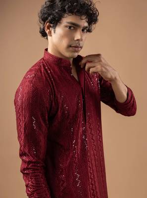 Maroon color rayon fabric designer embroidered ethnic kurta payjama for men's traditional looks 3