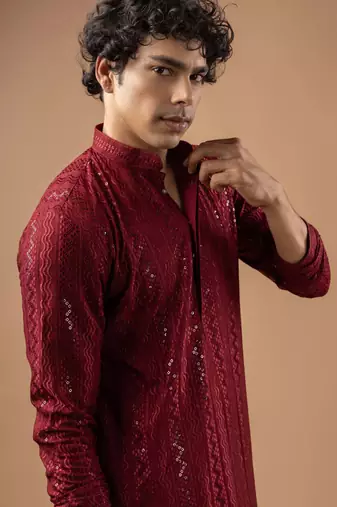 Maroon color rayon fabric designer embroidered ethnic kurta payjama for men's traditional looks
