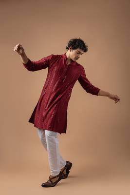 Maroon color rayon fabric designer embroidered ethnic kurta payjama for men's traditional looks 4