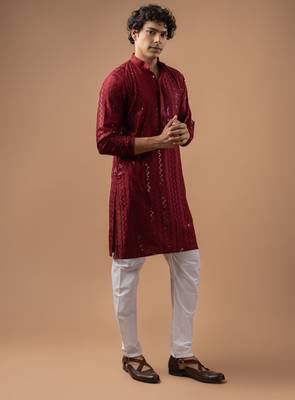 Maroon color rayon fabric designer embroidered ethnic kurta payjama for men's traditional looks 5