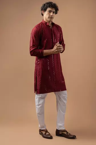 Maroon color rayon fabric designer embroidered ethnic kurta payjama for men's traditional looks