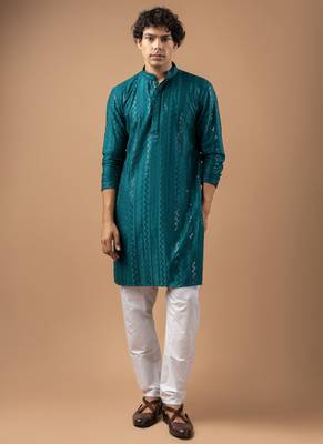 Petrol blue color rayon fabric designer embroidered ethnic kurta payjama for men's traditional looks 1