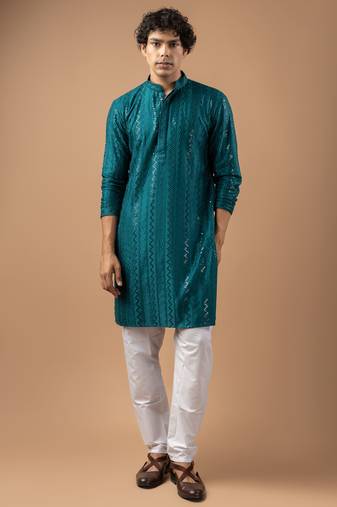 Petrol blue color rayon fabric designer embroidered ethnic kurta payjama for men's traditional looks