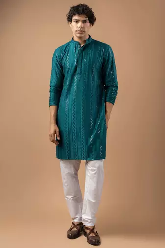 Petrol blue color rayon fabric designer embroidered ethnic kurta payjama for men's traditional looks