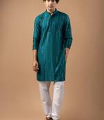 Petrol blue color rayon fabric designer embroidered ethnic kurta payjama for men's traditional looks