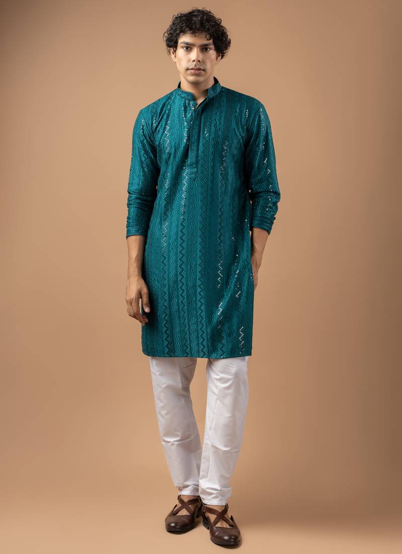 Petrol blue color rayon fabric designer embroidered ethnic kurta payjama for men's traditional looks