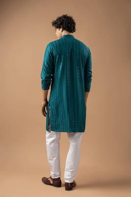 Petrol blue color rayon fabric designer embroidered ethnic kurta payjama for men's traditional looks 2