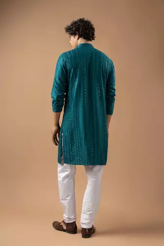 Petrol blue color rayon fabric designer embroidered ethnic kurta payjama for men's traditional looks