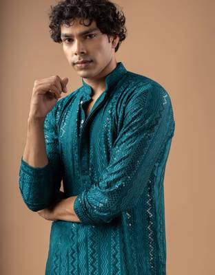 Petrol blue color rayon fabric designer embroidered ethnic kurta payjama for men's traditional looks 3