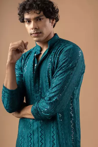 Petrol blue color rayon fabric designer embroidered ethnic kurta payjama for men's traditional looks