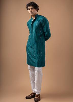 Petrol blue color rayon fabric designer embroidered ethnic kurta payjama for men's traditional looks 4