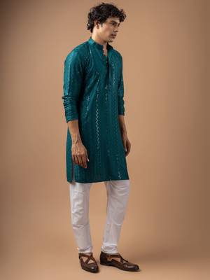 Petrol blue color rayon fabric designer embroidered ethnic kurta payjama for men's traditional looks 5