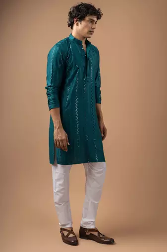 Petrol blue color rayon fabric designer embroidered ethnic kurta payjama for men's traditional looks