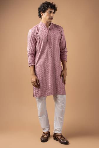 Mauve pink color rayon fabric designer embroidered ethnic kurta payjama for men's traditional looks