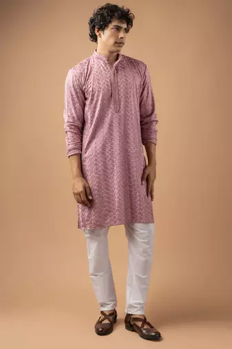 Mauve pink color rayon fabric designer embroidered ethnic kurta payjama for men's traditional looks