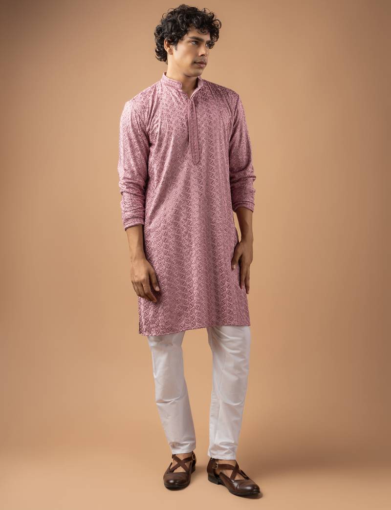 Mauve pink color rayon fabric designer embroidered ethnic kurta payjama for men's traditional looks