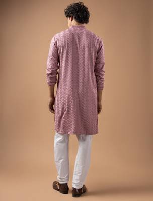 Mauve pink color rayon fabric designer embroidered ethnic kurta payjama for men's traditional looks 2