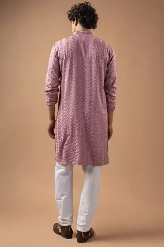 Mauve pink color rayon fabric designer embroidered ethnic kurta payjama for men's traditional looks