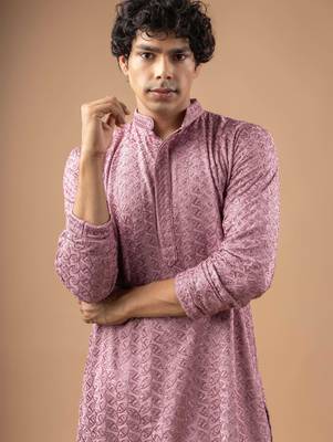 Mauve pink color rayon fabric designer embroidered ethnic kurta payjama for men's traditional looks 3