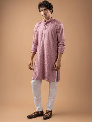 Mauve pink color rayon fabric designer embroidered ethnic kurta payjama for men's traditional looks 4