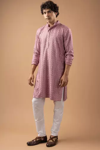 Mauve pink color rayon fabric designer embroidered ethnic kurta payjama for men's traditional looks
