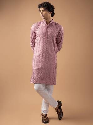 Mauve pink color rayon fabric designer embroidered ethnic kurta payjama for men's traditional looks 5