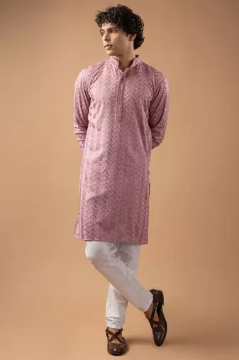 Mauve pink color rayon fabric designer embroidered ethnic kurta payjama for men's traditional looks