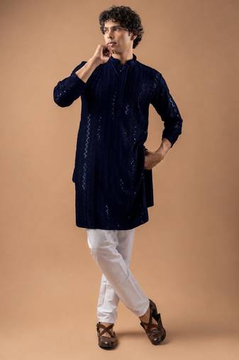 Navy blue color rayon fabric designer embroidered ethnic kurta payjama for men's traditional looks