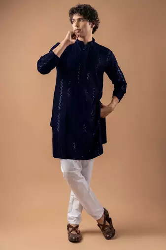 Navy blue color rayon fabric designer embroidered ethnic kurta payjama for men's traditional looks