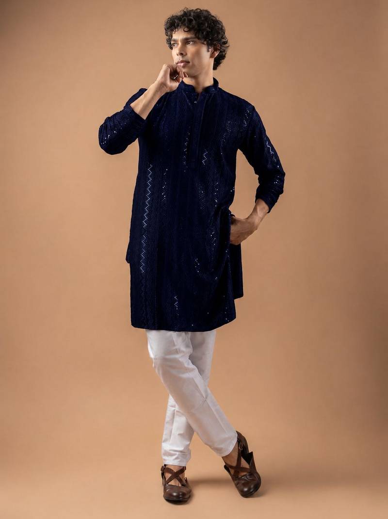 Navy blue color rayon fabric designer embroidered ethnic kurta payjama for men's traditional looks
