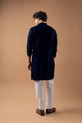 Navy blue color rayon fabric designer embroidered ethnic kurta payjama for men's traditional looks 2