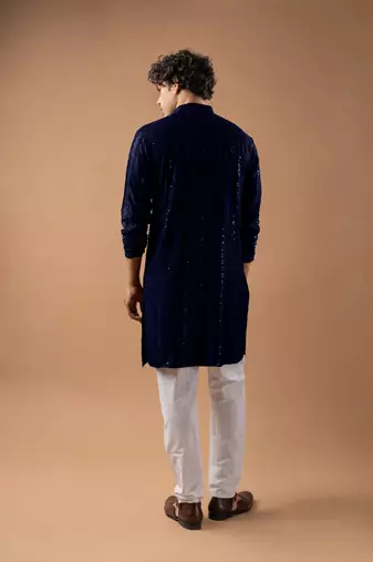 Navy blue color rayon fabric designer embroidered ethnic kurta payjama for men's traditional looks